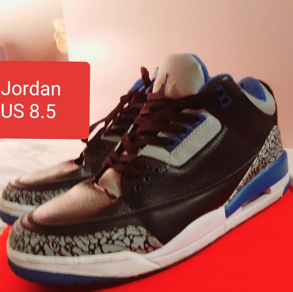 8.5 Jordans  black, grey and blue